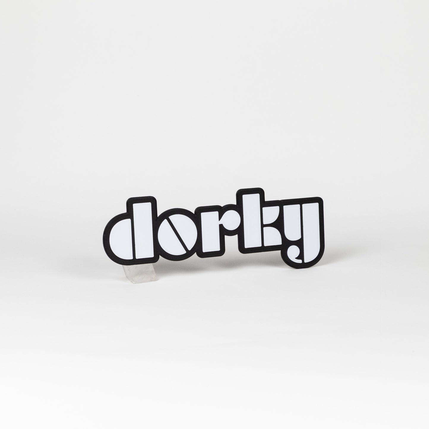 Black and white 'dorky' sign on a white background