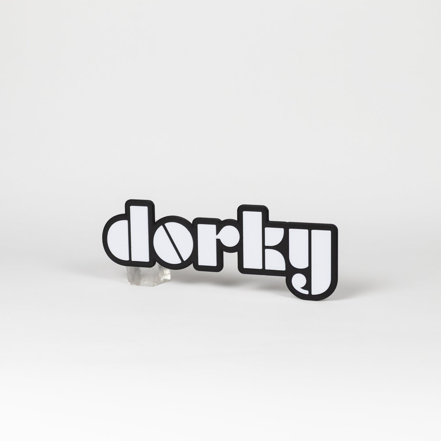 Black and white 'dorky' sign on a white background