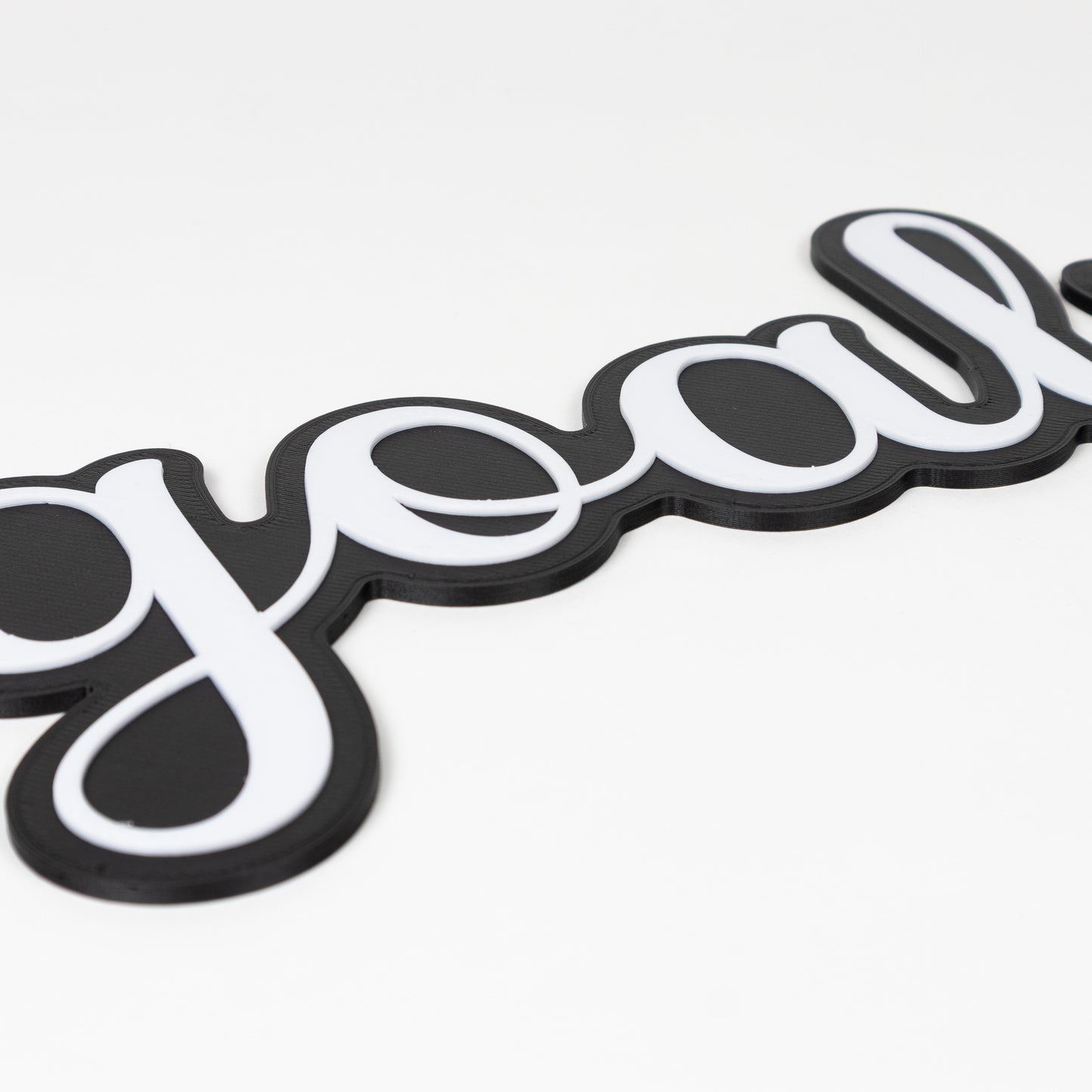 Black and white 'goals' prop sign on a white background. Close up shot of raised white lettering on top of black base.