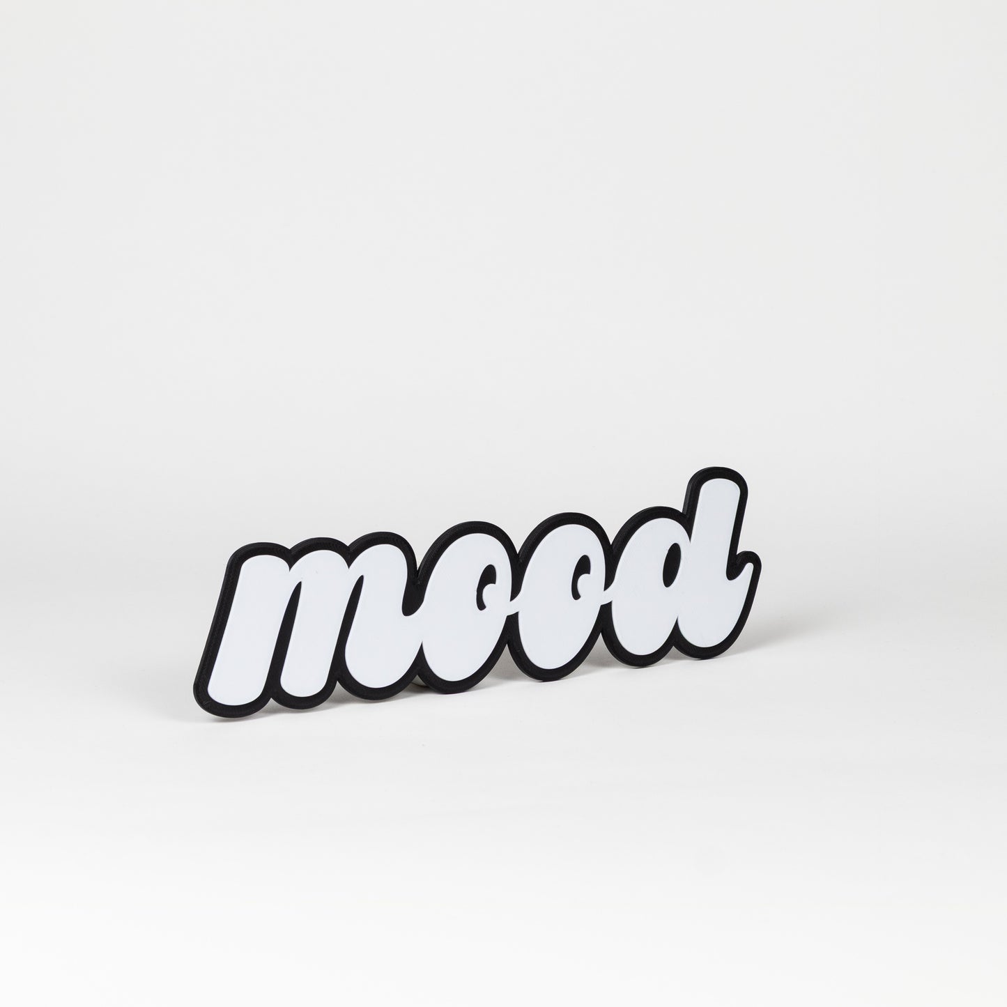 Black and white photo booth prop sign that says 'mood'. Shot on a white background